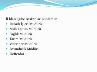 İl İdare Şube Başkanları şunlardır:
 Hukuk İşleri Müdürü
 Milli Eğitim Müdürü
 Sağlık Müdürü
 Tarım Müdürü
 Veteriner Müdürü
 Bayındırlık Müdürü
 Defterdar
 