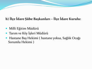 b) İlçe İdare Şûbe Başkanları – İlçe İdare Kurulu:
 Milli Eğitim Müdürü
 Tarım ve Köy İşleri Müdürü
 Hastane Baş Hekimi ( hastane yoksa, Sağlık Ocağı
Sorumlu Hekimi )
 