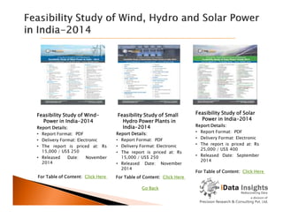 Feasibility Study of Wind-
Power in India-2014
Report Details:
• Report Format: PDF
• Delivery Format: Electronic
• The report is priced at: Rs
15,000 / US$ 250
• Released Date: November
2014
For Table of Content: Click Here
Feasibility Study of Small
Hydro Power Plants in
India-2014
Report Details:
• Report Format: PDF
• Delivery Format: Electronic
• The report is priced at: Rs
15,000 / US$ 250
• Released Date: November
2014
Feasibility Study of Solar
Power in India-2014
Report Details:
• Report Format: PDF
• Delivery Format: Electronic
• The report is priced at: Rs
25,000 / US$ 400
• Released Date: September
2014
For Table of Content: Click Here
For Table of Content: Click Here
Go Back
 