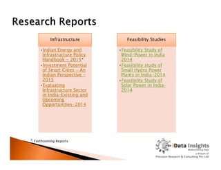 Infrastructure
•Indian Energy and
Infrastructure Policy
Handbook - 2015*
•Investment Potential
of Smart Cities - An
Indian Perspective -
2015
•Evaluating
Feasibility Studies
•Feasibility Study of
Wind-Power in India
2014
•Feasibility study of
Small Hydro Power
Plants in India-2014
•Feasibility Study of
Solar Power in India-•Evaluating
Infrastructure Sector
in India-Existing and
Upcoming
Opportunities-2014
Solar Power in India-
2014
* Forthcoming Reports
 