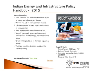 Report Highlights:
 Core Functions and overview of different sectors
in energy and infrastructure domain
 Policies and Acts in various sectors covered
 Detailed coverage of every aspect of the policies
in various sectors
 Inter dependencies of the different sectors
 Identify key growth factors and investment
opportunities in India energy and infrastructure
Report Details:
• Report Format: 500 Pages PDF
• Delivery Format: Electronic
• The report is priced at: Rs 2,25,000 /
US$ 5000
• Released Date: June 2015
opportunities in India energy and infrastructure
sector
 Create strategies based on the latest regulatory
events
 Facilitate in making decisions based on the
latest upcoming.
For Table of Content: Click Here
Go Back
 