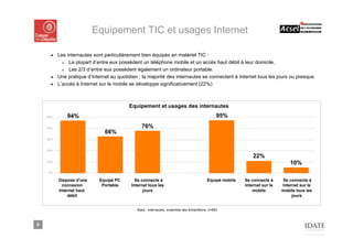 Equipement TIC et usages Internet

      ■ Les internautes sont particulièrement bien équipés en matériel TIC :
          ■  La plupart d’entre eux possèdent un téléphone mobile et un accès haut débit à leur domicile,
          ■  Les 2/3 d’entre eux possèdent également un ordinateur portable.
      ■ Une pratique d’Internet au quotidien : la majorité des internautes se connectent à Internet tous les jours ou presque.
      ■ L’accès à Internet sur le mobile se développe significativement (22%)




                                         Equipement et usages des internautes
    100%      94%                                                                               95%

    80%                                        76%
                              66%
    60%


    40%

                                                                                                              22%
    20%
                                                                                                                                10%
     0%

           Dispose d'une    Equipé PC       Se connecte à                                 Equipé mobile   Se connecte à     Se connecte à
             connexion       Portable     Internet tous les                                               Internet sur le   Internet sur le
           Internet haut                        jours                                                         mobile        mobile tous les
               débit                                                                                                             jours


                                             Base : internautes, ensemble des échantillons, n=883



6
 