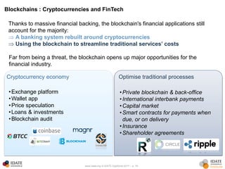www.idate.org © IDATE DigiWorld 2017 – p. 19
Blockchains : Cryptocurrencies and FinTech
Far from being a threat, the blockchain opens up major opportunities for the
financial industry.
Cryptocurrency economy Optimise traditional processes
•Exchange platform
•Wallet app
•Price speculation
•Loans & investments
•Blockchain audit
•Private blockchain & back-office
•International interbank payments
•Capital market
•Smart contracts for payments when
due, or on delivery
•Insurance
•Shareholder agreements
Thanks to massive financial backing, the blockchain's financial applications still
account for the majority:
 A banking system rebuilt around cryptocurrencies
 Using the blockchain to streamline traditional services’ costs
 