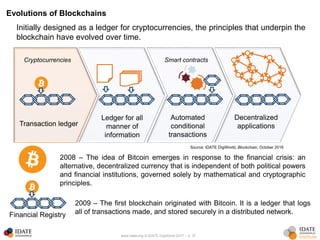www.idate.org © IDATE DigiWorld 2017 – p. 37
Evolutions of Blockchains
Transaction ledger
Ledger for all
manner of
information
Automated
conditional
transactions
Decentralized
applications
Smart contractsCryptocurrencies
2008 – The idea of Bitcoin emerges in response to the financial crisis: an
alternative, decentralized currency that is independent of both political powers
and financial institutions, governed solely by mathematical and cryptographic
principles.
2009 – The first blockchain originated with Bitcoin. It is a ledger that logs
all of transactions made, and stored securely in a distributed network.Financial Registry
Initially designed as a ledger for cryptocurrencies, the principles that underpin the
blockchain have evolved over time.
Source: IDATE DigiWorld, Blockchain, October 2016
 