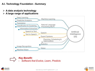 www.idate.org © IDATE DigiWorld 2017 – p. 8
A.I. Technology Foundation - Summary
 A data analysis technology
 A large range of applications
Key Benefit:
- Software that Evolve, Learn, Predicts
 