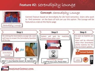Feature #2:              serendipity lounge
                                                 Concept: Serendipity Lounge
                                Connect feature based on Serendipity for die hard romantics. Users who want
                                to find someone on the basis of luck can use this option. The Lounge will be
                                featured as a tab on the Home page
 Serendipity Lounge


                   Step 1                                    Step 2                          Step 3
On clicking the Serendipity Lounge tab, users    System will wait for matching         As soon as matches are
will have to answer the Serendipity Question     answers from other users              found:
of the day                                                                             Users will be informed
                                                                                       about their Serendipity
                                                                                       profile matches for the
                                                                                       day via instant updates


Serendipity
  Lounge

   Serendipity Lounge:              Riki:              Serendipity Lounge:
Which is your favorite movie?    Dark Knight                                           Inbox
                                                   Loading your Luck..Please Wait



          mesmerizeme.com
 