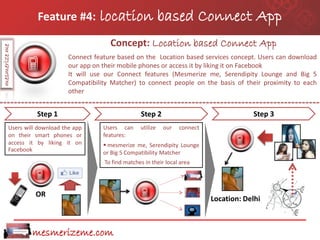 Feature #4:           location based Connect App
                                           Concept: Location based Connect App
mesmerize me




                              Connect feature based on the Location based services concept. Users can download
                              our app on their mobile phones or access it by liking it on Facebook
                              It will use our Connect features (Mesmerize me, Serendipity Lounge and Big 5
                              Compatibility Matcher) to connect people on the basis of their proximity to each
                              other


                  Step 1                               Step 2                                Step 3
        Users will download the app      Users can     utilize   our   connect
        on their smart phones or         features:
        access it by liking it on         mesmerize me, Serendipity Lounge
        Facebook                         or Big 5 Compatibility Matcher
                                         To find matches in their local area




                  OR
                                                                                 Location: Delhi



                mesmerizeme.com
 