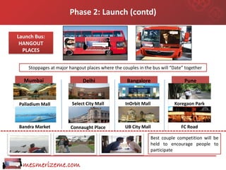 Phase 2: Launch (contd)

Launch Bus:
 HANGOUT
  PLACES


    Stoppages at major hangout places where the couples in the bus will “Date” together

  Mumbai                     Delhi                 Bangalore                    Pune



Palladium Mall          Select City Mall          InOrbit Mall             Koregaon Park



Bandra Market           Connaught Place           UB City Mall                FC Road

                                                                 Best couple competition will be
                                                                 held to encourage people to
                                                                 participate


  mesmerizeme.com
 