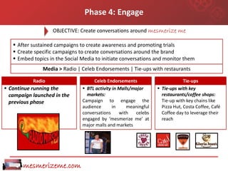 Phase 4: Engage
                   OBJECTIVE: Create conversations around mesmerize me

    After sustained campaigns to create awareness and promoting trials
    Create specific campaigns to create conversations around the brand
    Embed topics in the Social Media to initiate conversations and monitor them
               Media > Radio | Celeb Endorsements | Tie-ups with restaurants

           Radio                     Celeb Endorsements                        Tie-ups
 Continue running the           BTL activity in Malls/major      Tie-ups with key
  campaign launched in the        markets:                          restaurants/coffee shops:
  previous phase                Campaign to engage the              Tie-up with key chains like
                                audience       in    meaningful     Pizza Hut, Costa Coffee, Café
                                conversations     with   celebs     Coffee day to leverage their
                                engaged by ‘mesmerize me’ at        reach
                                major malls and markets




       mesmerizeme.com
 
