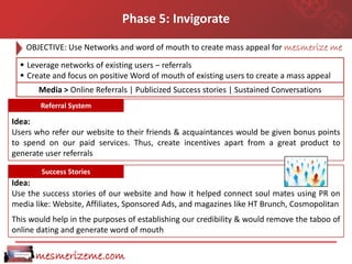 Phase 5: Invigorate
   OBJECTIVE: Use Networks and word of mouth to create mass appeal for mesmerize me

   Leverage networks of existing users – referrals
   Create and focus on positive Word of mouth of existing users to create a mass appeal
       Media > Online Referrals | Publicized Success stories | Sustained Conversations
Theme: Referral System
       Referral System
Idea:
Users who refer our website to their friends & acquaintances would be given bonus points
to spend on our paid services. Thus, create incentives apart from a great product to
generate user referrals

        Success Stories
Theme: Referral System
Idea:
Use the success stories of our website and how it helped connect soul mates using PR on
media like: Website, Affiliates, Sponsored Ads, and magazines like HT Brunch, Cosmopolitan
This would help in the purposes of establishing our credibility & would remove the taboo of
online dating and generate word of mouth

      mesmerizeme.com
 