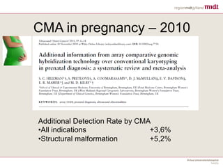 CMA in pregnancy – 2010
Additional Detection Rate by CMA
• All indications +3,6%
• Structural malformation +5,2%