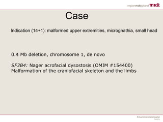 Case
Indication (14+1): malformed upper extremities, micrognathia, small head
0.4 Mb deletion, chromosome 1, de novo
SF3B4: Nager acrofacial dysostosis (OMIM #154400)
Malformation of the craniofacial skeleton and the limbs
