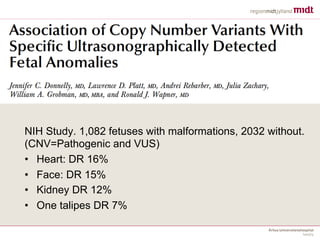 NIH Study. 1,082 fetuses with malformations, 2032 without.
(CNV=Pathogenic and VUS)
• Heart: DR 16%
• Face: DR 15%
• Kidney DR 12%
• One talipes DR 7%