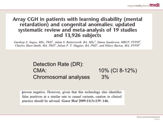 Detection Rate (DR):
CMA: 10% (CI 8-12%)
Chromosomal analyses 3%