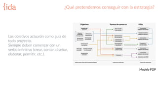 ¿Qué  pretendemos  conseguir  con  la  estrategia?
Los  objeGvos  actuarán  como  guía  de  
todo  proyecto.    
Siempre  deben  comenzar  con  un  
verbo  inﬁniGvo  (crear,  contar,  diseñar,  
elaborar,  permiGr,  etc.).  
Modelo  FOP
 