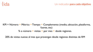 KPI = Número + Métrica + Tiempo + Complemento (medio, ubicación, plataforma,
fuente, etc)
% o número + visitas + por mes + desde regiones.
20% de visitas nuevas al mes que provengan desde regiones distintas de RM
Un  indicador  para  cada  obje>vo
 