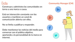 Community  Manager  (CM)
Construye  y  administra  las  comunidades  en  
torno  a  una  marca  o  causa.  
Está  en  interacción  constante  con  los  
usuarios  y  manBene  un  canal  de  
comunicación  abierta  con  ellos.    
No  se  limita  a  publicar  y  responder.    
Debe  monitorear  las  noBcias  del  medio  para  
conversar  con  el  público  objeBvo,  
aportando  a  la  personalidad  de  la  marca  en  
internet.  
 