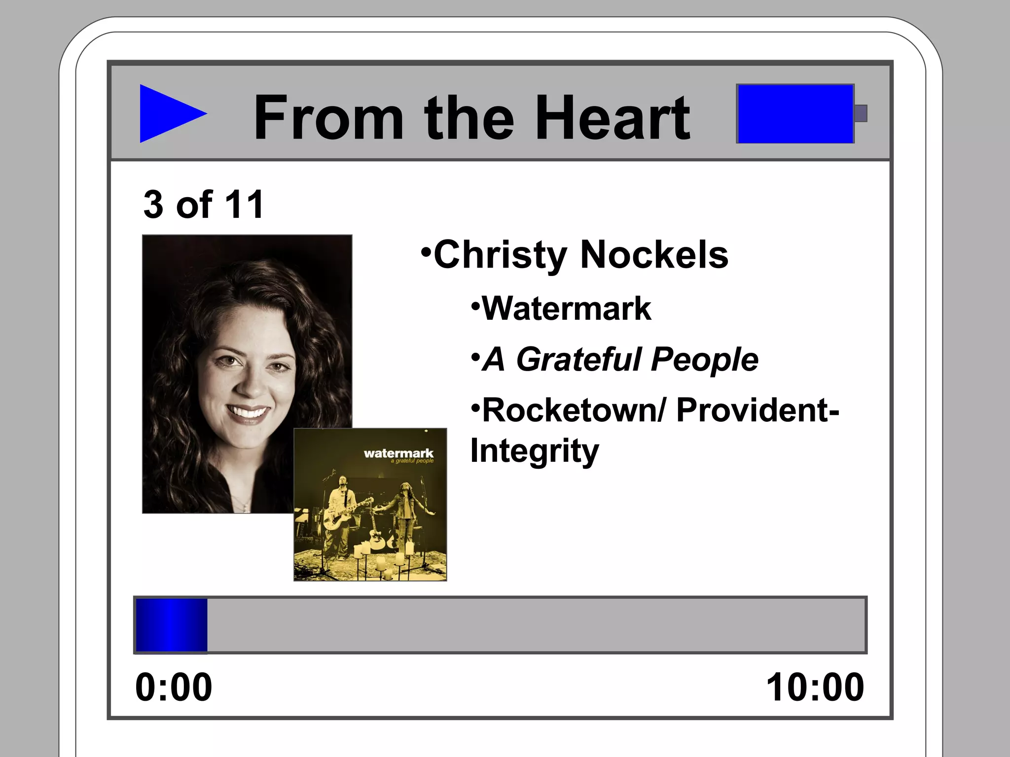 Christy Nockels  Watermark A Grateful People Rocketown/ Provident-Integrity 0:00 10:00 3 of 11 From the Heart 