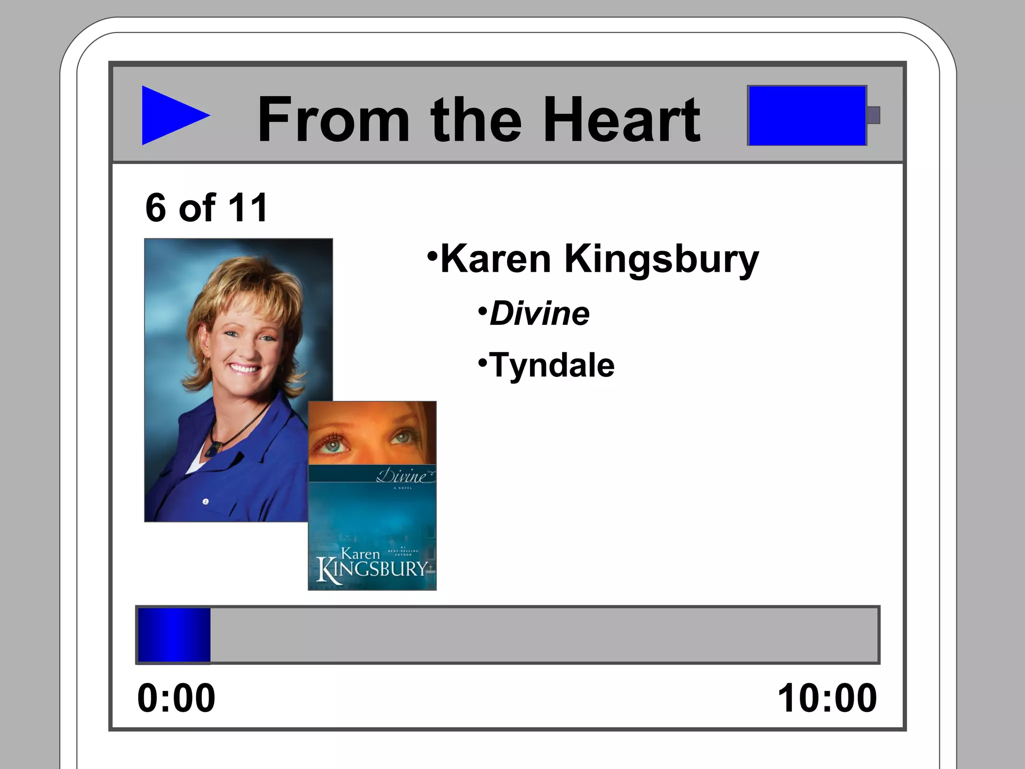 Karen Kingsbury Divine Tyndale 0:00 10:00 6 of 11 From the Heart 