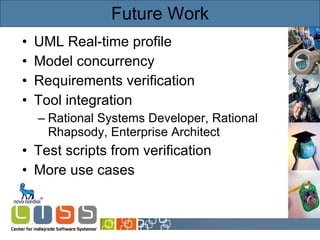 Future Work UML Real-time profile Model concurrency Requirements verification Tool integration Rational Systems Developer, Rational Rhapsody, Enterprise Architect Test scripts from verification More use cases 