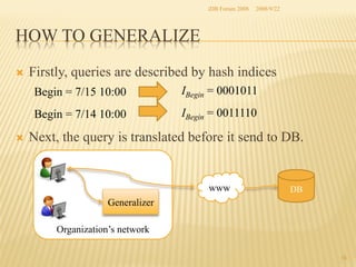 iDB Forum 2008	
 2008/9/22	

HOW TO GENERALIZE	
Ò 

Firstly, queries are described by hash indices
Begin = 7/15 10:00	
Begin = 7/14 10:00	

Ò 

IBegin = 0001011	
IBegin = 0011110

Next, the query is translated before it send to DB.

www	

DB	

Generalizer	
Organization’s network	
15	

 