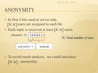 iDB Forum 2008	
 2008/9/22	

ANONYMITY	
In first k bits used at server side,
⎡N / k ⎤ users are assigned to each bit.
Ò  Each tuple is received at least ⎡N / k ⎤ users.
Ò 

Alice(uid = 1)	
 1 0 0 0 0 1 1

(uid mod 2) + 1	

Ò 

N: Total number of user	

hash(uid)	

To avoid result analysis, we could introduce
⎡N / k ⎤ - anonymity.
23	

 
