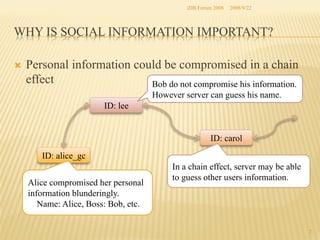 iDB Forum 2008	
 2008/9/22	

WHY IS SOCIAL INFORMATION IMPORTANT?	
Ò 

Personal information could be compromised in a chain
effect
Bob do not compromise his information.
However server can guess his name.	
ID: lee	

ID: carol	
ID: alice_gc	
Alice compromised her personal
information blunderingly.
Name: Alice, Boss: Bob, etc.

In a chain effect, server may be able
to guess other users information.

7	

 