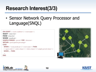Research Interest(3/3)
• Sensor Network Query Processor and
Language(SNQL)
12
 