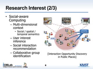 Research Interest (2/3)
• Social-aware
Computing
– Multi-dimensional
context
• Social / spatial /
temporal semantics
– User interest
inference
– Social interaction
recommendation
– Collaborative group
identification
8
[Interaction Opportunity Discovery
in Public Places]
 