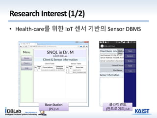 ResearchInterest(1/2)
• Health-care를 위한 IoT 센서 기반의 Sensor DBMS
Base Station
(PC) UI
클라이언트
(안드로이드) UI
 