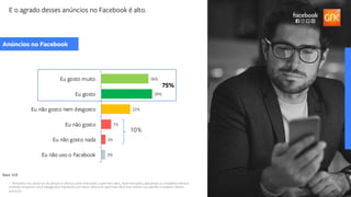 23
8. Pensando nos anúncios de preços e ofertas sobre mercados, supermercados, hipermercados, atacarejos ou estabelecimentos
similares enquanto você navega pelo Facebook, por favor selecione qual frase descreve melhor sua opinião a respeito destes
anúncios.
36%
39%
22%
7%
3%
3%
Eu gosto muito
Eu gosto
Eu não gosto nem desgosto
Eu não gosto
Eu não gosto nada
Eu não uso o Facebook
Anúncios no Facebook
E o agrado desses anúncios no Facebook é alto.
Base: 428
75%
10%
 