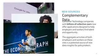 Complementary
Data
NEW SOURCES
12
ConsumerTechnology companies
with billions of collective users now
offer applications designed to help
employers and workers find talent
and opportunity.
The aggregate activities of both
employers and workers on these
sites is a potential source of new
data insights for policymakers.
 