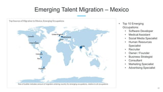 46
Emerging Talent Migration – Mexico
• Top 10 Emerging
Occupations:
• Software Developer
• Medical Assistant
• Social Media Specialist
• Human Resources
Specialist
• Recruiter
• Owner / Founder
• Business Strategist
• Consultant
• Marketing Specialist
• Advertising Specialist
 