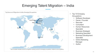 48
Emerging Talent Migration – India
• Top 10 Emerging
Occupations:
• Software Developer
• Owner / Founder
• Recruiter
• Consultant
• Human Resources
Specialist
• Business Strategist
• Marketing Specialist
• Business Development
Specialist
• Online Marketing
Manager
• Author
 