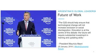 Future of Work
ARGENTINA’S GLOBAL LEADERSH
“The G20 should help ensure that
technological change will not
increase exclusion or social
disintegration. Education is at the
centre of this debate: the future will
require substantial investment in
training and updating skills.”
- President Mauricio Macri
25 January, 2018 | World Economic
Forum
6
 