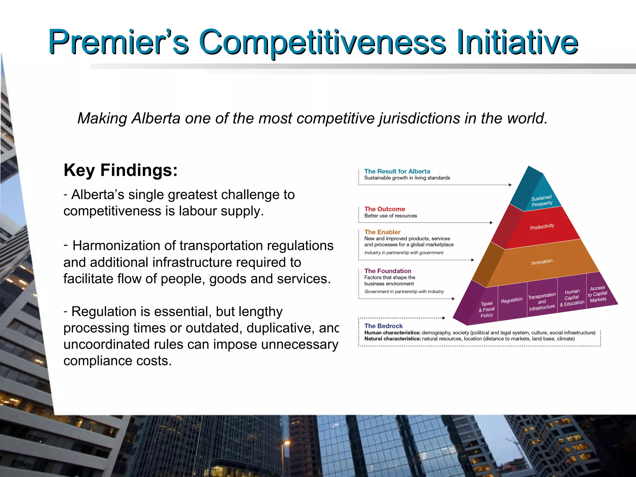 Premier’s Competitiveness Initiative Key Findings: Alberta’s single greatest challenge to  competitiveness is labour supply. Harmonization of  transportation regulations and additional infrastructure required to facilitate flow of people, goods and services. Regulation is essential, but lengthy processing times or outdated, duplicative, and uncoordinated rules can impose unnecessary compliance costs. Making Alberta one of the most competitive jurisdictions in the world. 