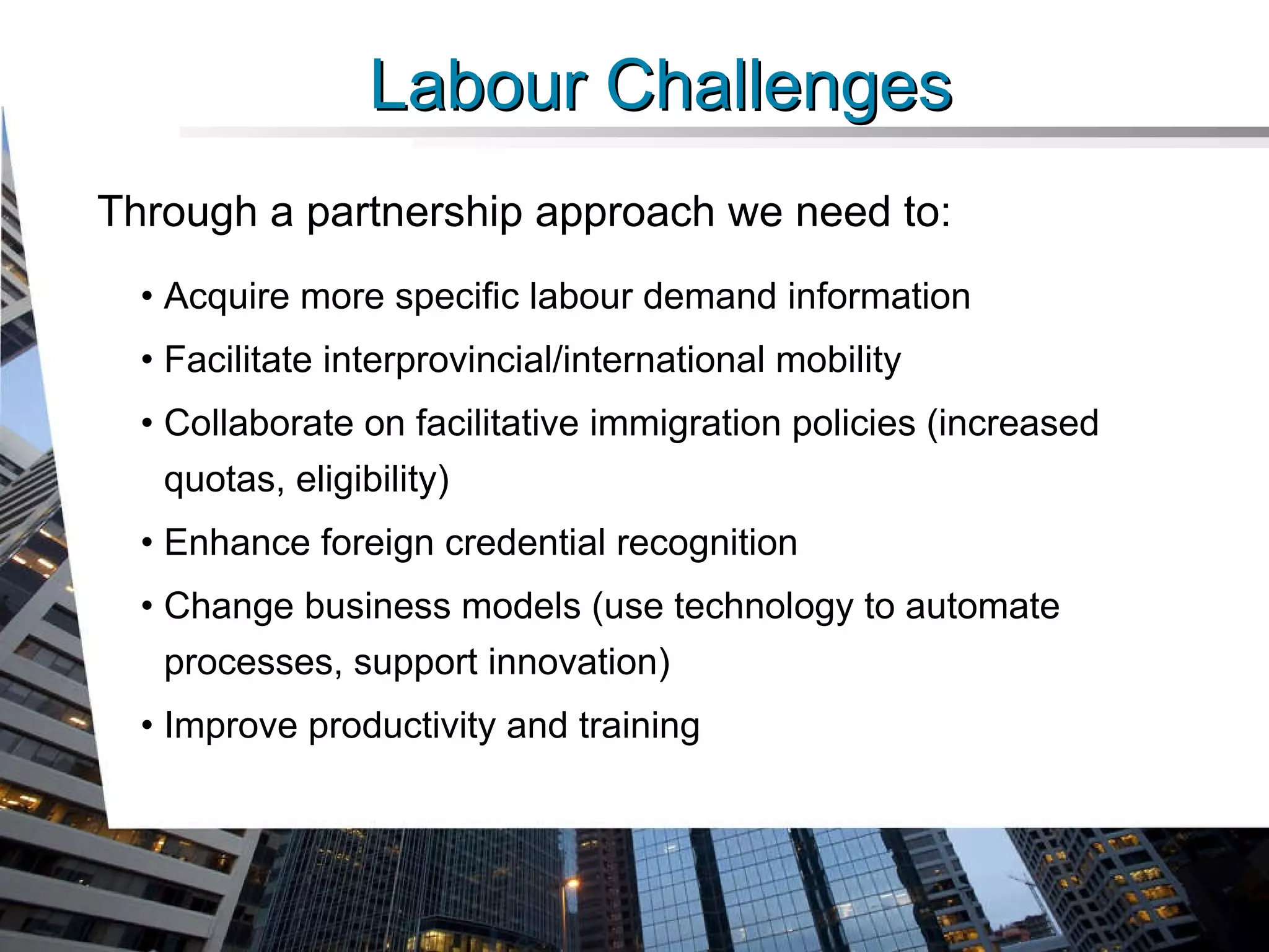 Through a partnership approach we need to: Acquire more specific labour demand information Facilitate interprovincial/international mobility Collaborate on facilitative immigration policies (increased quotas, eligibility) Enhance foreign credential recognition Change business models (use technology to automate processes, support innovation) Improve productivity and training Labour Challenges 