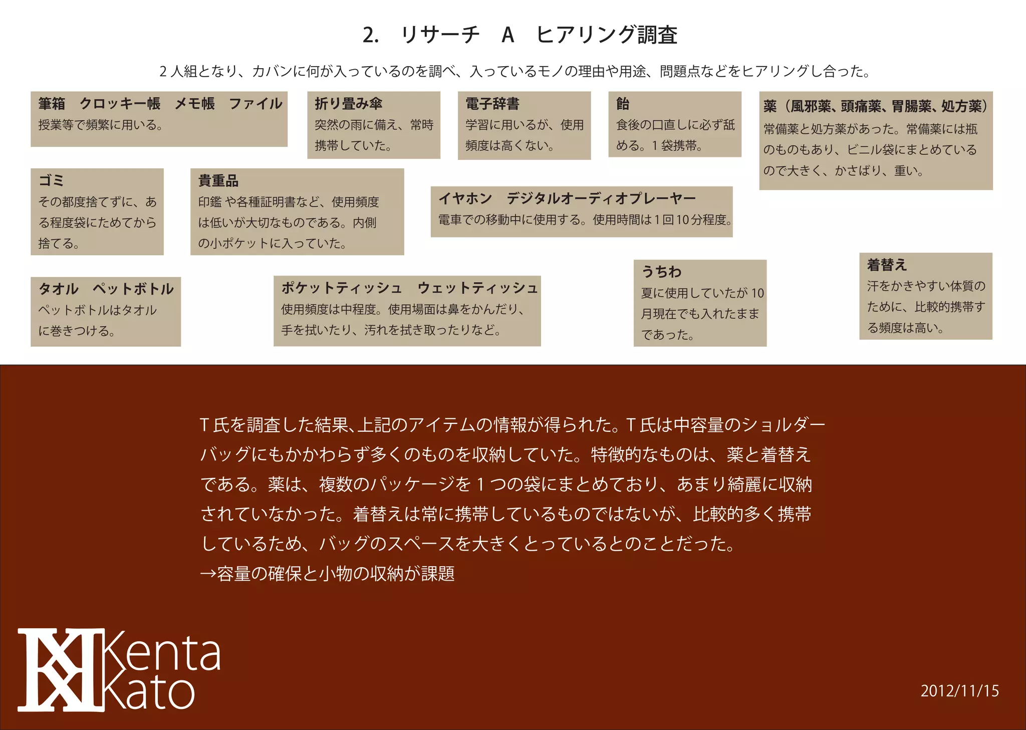 2. リサーチ A ヒアリング調査
             2 人組となり、カバンに何が入っているのを調べ、入っているモノの理由や用途、問題点などをヒアリングし合った。

筆箱 クロッキー帳 メモ帳 ファイル       折り畳み傘          電子辞書                           薬（風邪薬、頭痛薬、胃腸薬、処方薬）
授業等で頻繁に用いる。              突然の雨に備え、常時     学習に用いるが、使用     食後の口直しに必ず舐      常備薬と処方薬があった。常備薬には瓶
                         携帯していた。        頻度は高くない。       める。1 袋携帯。       のものもあり、ビニル袋にまとめている
                                                                       ので大きく、かさばり、重い。
ゴミ             貴重品
その都度捨てずに、あ     印鑑 や各種証明書など、使用頻度       イヤホン デジタルオーディオプレーヤー
る程度袋にためてから     は低いが大切なものである。内側        電車での移動中に使用する。使用時間は 1 回 10 分程度。
捨てる。           の小ポケットに入っていた。
                                                                               着替え
                                                          うちわ
タオル ペットボトル            ポケットティッシュ ウェットティッシュ                 夏に使用していたが 10
                                                                               汗をかきやすい体質の

ペットボトルはタオル            使用頻度は中程度。使用場面は鼻をかんだり、                                    ために、比較的携帯す
                                                          月現在でも入れたまま
に巻きつける。               手を拭いたり、汚れを拭き取ったりなど。                                      る頻度は高い。
                                                          であった。




                T 氏を調査した結果、上記のアイテムの情報が得られた。T 氏は中容量のショルダー
                バッグにもかかわらず多くのものを収納していた。特徴的なものは、薬と着替え
                である。薬は、複数のパッケージを 1 つの袋にまとめており、あまり綺麗に収納
                されていなかった。着替えは常に携帯しているものではないが、比較的多く携帯
                しているため、バッグのスペースを大きくとっているとのことだった。
                →容量の確保と小物の収納が課題




                                                                                     2012/11/15
 