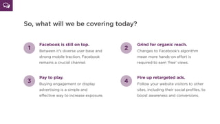 So, what will we be covering today?
Facebook is still on top.
Between its diverse user base and
strong mobile traction, Facebook
remains a crucial channel.
1 2
Grind for organic reach.
Changes to Facebook’s algorithm
mean more hands-on eﬀort is
required to earn ‘free’ views.
3
Pay to play.
Buying engagement or display
advertising is a simple and
eﬀective way to increase exposure.
4
Fire up retargeted ads.
Follow your website visitors to other
sites, including their social proﬁles, to
boost awareness and conversions.
 
