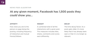 NEWS FEED ALGORITHM
At any given moment, Facebook has 1,500 posts they
could show you…
AFFINITY
How close you are to the
person or page doing the
posting, including frequency
of interaction and mutual
friends/follows.
WEIGHT
A combined total of all the
interactions with a given post.
This measure includes likes,
shares and comments, and
scores each diﬀerently.
DECAY
The time decay factor. As a
posts gets older, it’s more
likely they have already been
seen or they are no longer as
relevant.
 