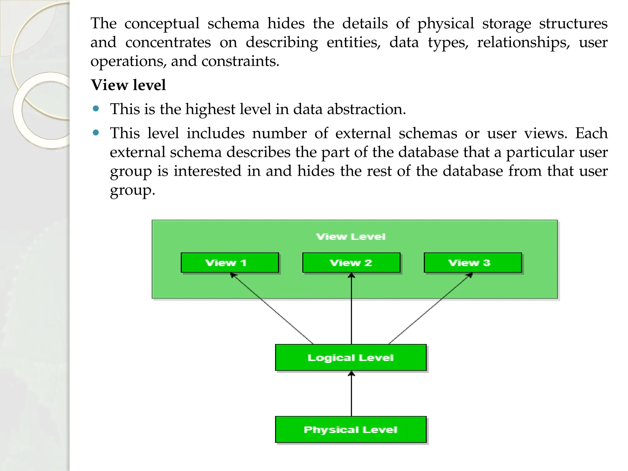 The conceptual schema hides the details of physical storage structures
and concentrates on describing entities, data types, relationships, user
operations, and constraints.
View level
⚫ This is the highest level in data abstraction.
⚫ This level includes number of external schemas or user views. Each
external schema describes the part of the database that a particular user
group is interested in and hides the rest of the database from that user
group.
 