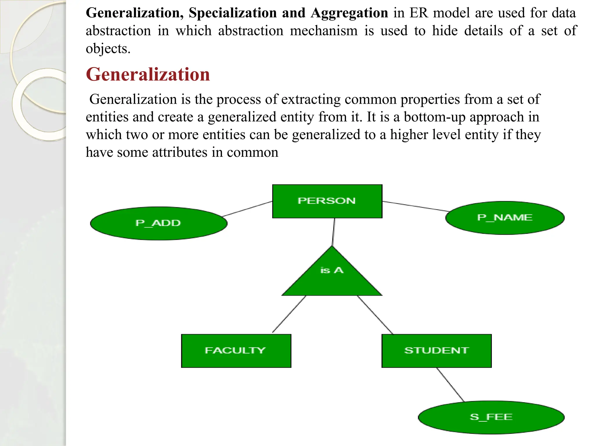 Generalization, Specialization and Aggregation in ER model are used for data
abstraction in which abstraction mechanism is used to hide details of a set of
objects.
Generalization
Generalization is the process of extracting common properties from a set of
entities and create a generalized entity from it. It is a bottom-up approach in
which two or more entities can be generalized to a higher level entity if they
have some attributes in common
 