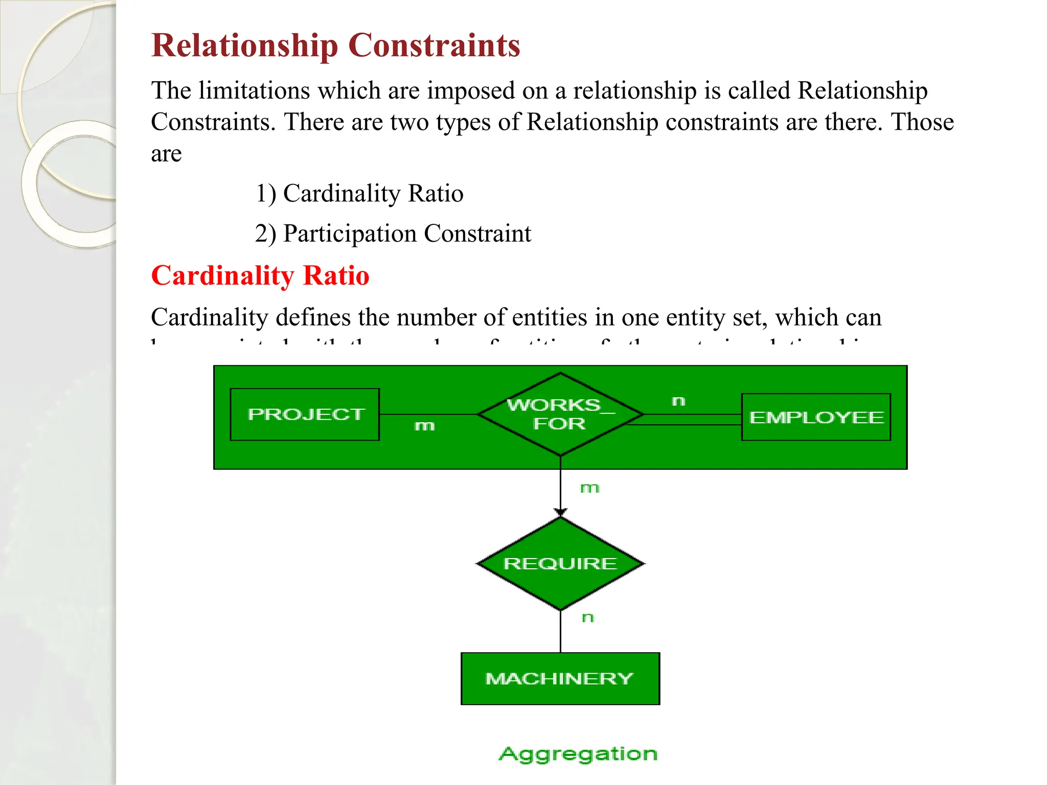 Relationship Constraints
The limitations which are imposed on a relationship is called Relationship
Constraints. There are two types of Relationship constraints are there. Those
are
1) Cardinality Ratio
2) Participation Constraint
Cardinality Ratio
Cardinality defines the number of entities in one entity set, which can
be associated with the number of entities of other set via relationship
set.
 