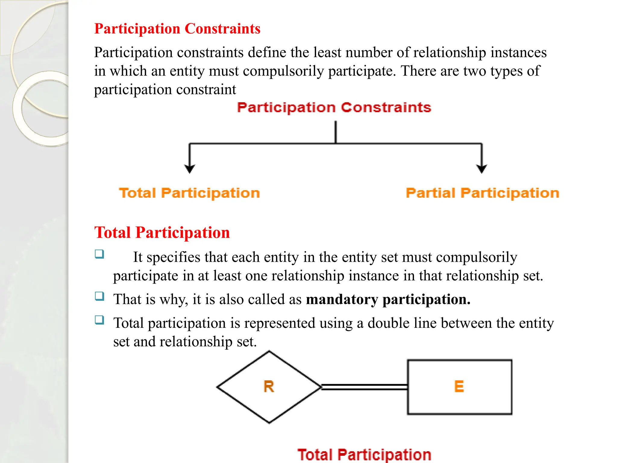 Participation Constraints
Participation constraints define the least number of relationship instances
in which an entity must compulsorily participate. There are two types of
participation constraint
Total Participation
 It specifies that each entity in the entity set must compulsorily
participate in at least one relationship instance in that relationship set.
 That is why, it is also called as mandatory participation.
 Total participation is represented using a double line between the entity
set and relationship set.
 