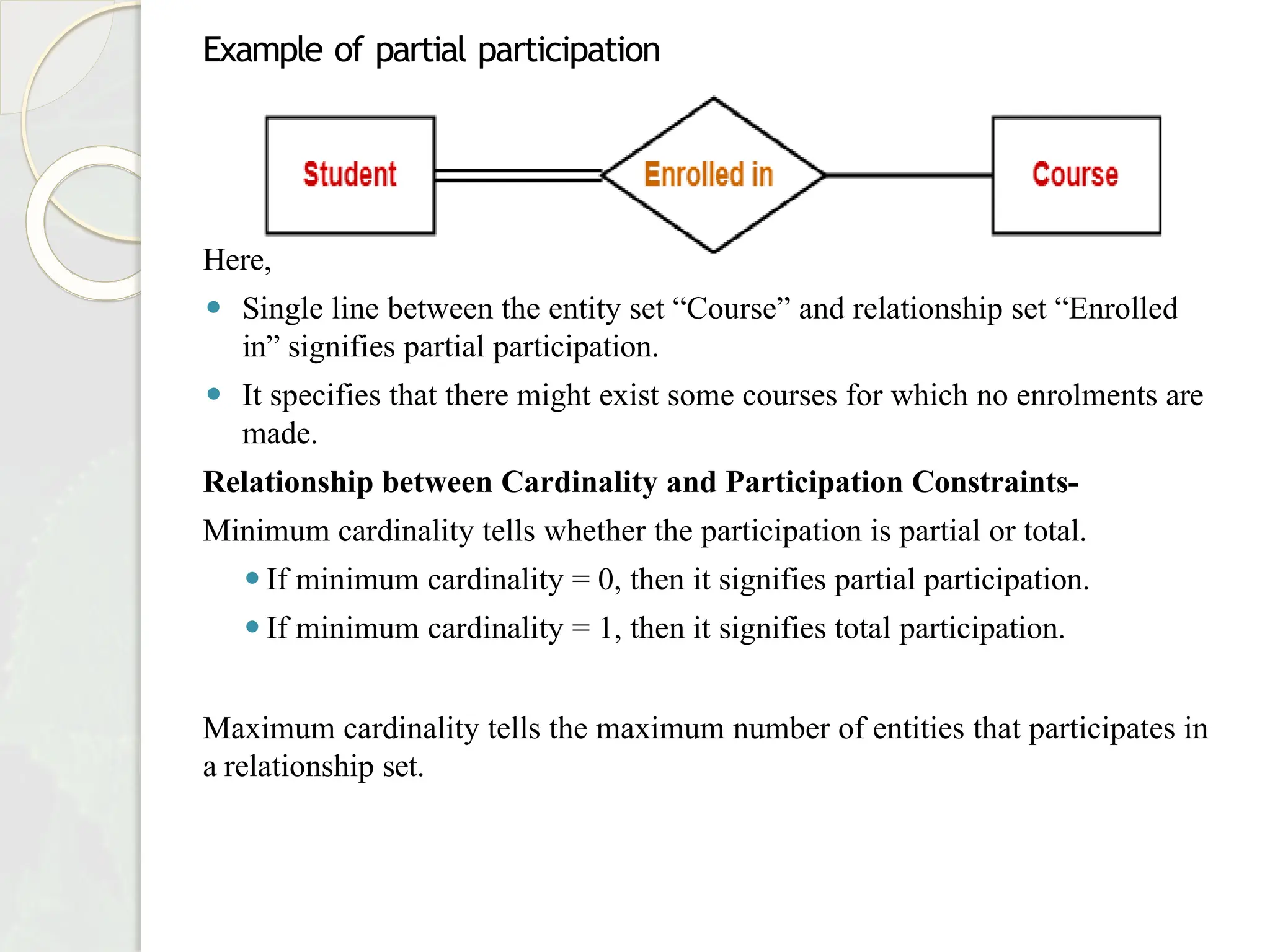 Example of partial participation
Here,
⚫ Single line between the entity set “Course” and relationship set “Enrolled
in” signifies partial participation.
⚫ It specifies that there might exist some courses for which no enrolments are
made.
Relationship between Cardinality and Participation Constraints-
Minimum cardinality tells whether the participation is partial or total.
⚫If minimum cardinality = 0, then it signifies partial participation.
⚫If minimum cardinality = 1, then it signifies total participation.
Maximum cardinality tells the maximum number of entities that participates in
a relationship set.
 