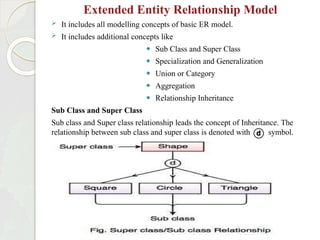 Extended Entity Relationship Model
 It includes all modelling concepts of basic ER model.
 It includes additional concepts like
⚫ Sub Class and Super Class
⚫ Specialization and Generalization
⚫ Union or Category
⚫ Aggregation
⚫ Relationship Inheritance
Sub Class and Super Class
Sub class and Super class relationship leads the concept of Inheritance. The
relationship between sub class and super class is denoted with symbol.
 