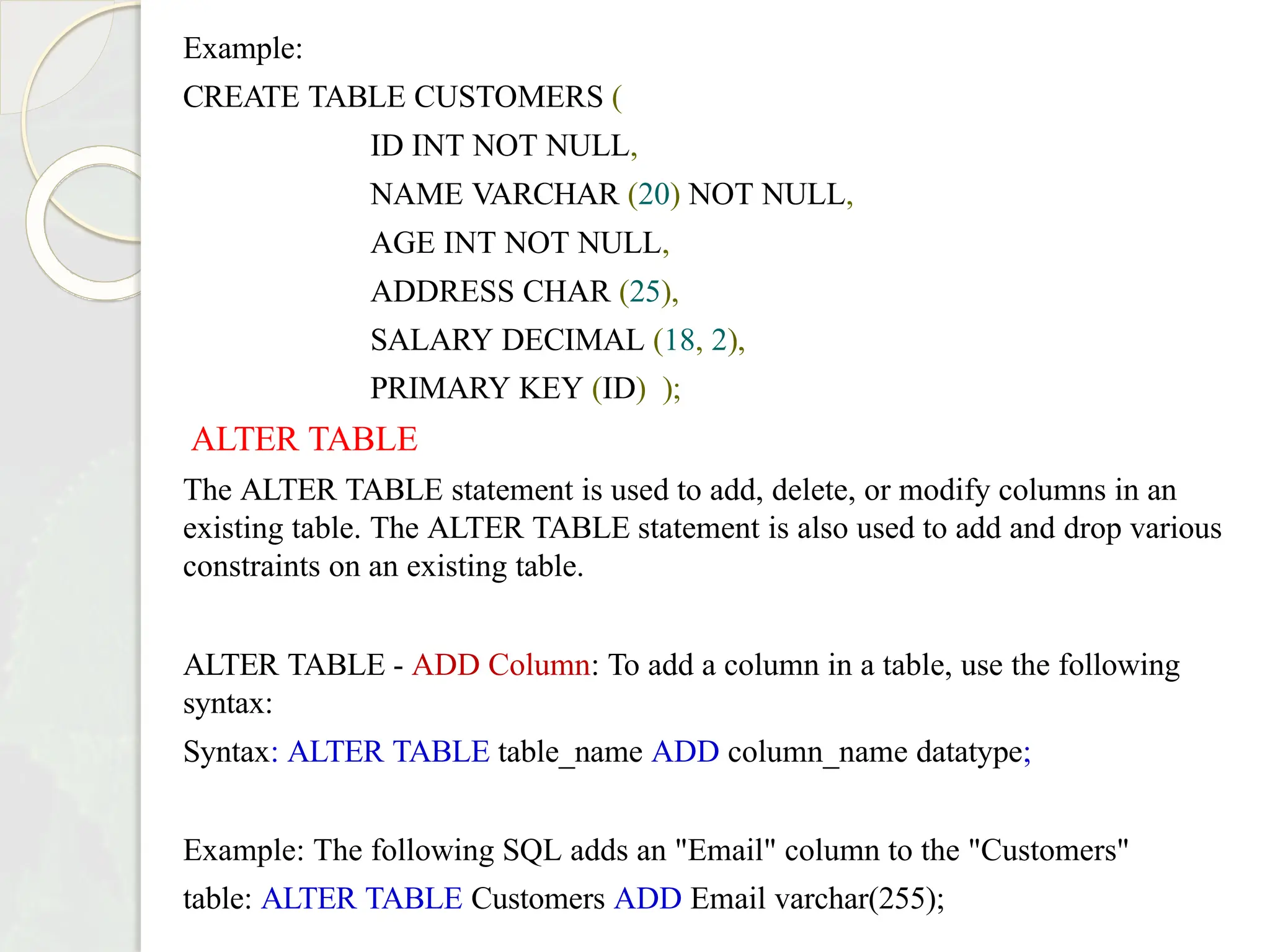 Example:
CREATE TABLE CUSTOMERS (
ID INT NOT NULL,
NAME VARCHAR (20) NOT NULL,
AGE INT NOT NULL,
ADDRESS CHAR (25),
SALARY DECIMAL (18, 2),
PRIMARY KEY (ID) );
ALTER TABLE
The ALTER TABLE statement is used to add, delete, or modify columns in an
existing table. The ALTER TABLE statement is also used to add and drop various
constraints on an existing table.
ALTER TABLE - ADD Column: To add a column in a table, use the following
syntax:
Syntax: ALTER TABLE table_name ADD column_name datatype;
Example: The following SQL adds an "Email" column to the "Customers"
table: ALTER TABLE Customers ADD Email varchar(255);
 