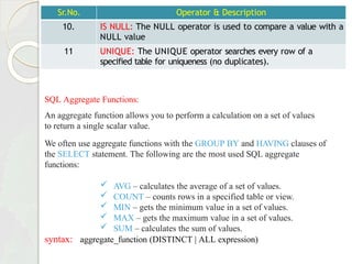 Sr.No. Operator & Description
10. IS NULL: The NULL operator is used to compare a value with a
NULL value
11 UNIQUE: The UNIQUE operator searches every row of a
specified table for uniqueness (no duplicates).
SQL Aggregate Functions:
An aggregate function allows you to perform a calculation on a set of values
to return a single scalar value.
We often use aggregate functions with the GROUP BY and HAVING clauses of
the SELECT statement. The following are the most used SQL aggregate
functions:
 AVG – calculates the average of a set of values.
 COUNT – counts rows in a specified table or view.
 MIN – gets the minimum value in a set of values.
 MAX – gets the maximum value in a set of values.
 SUM – calculates the sum of values.
syntax: aggregate_function (DISTINCT | ALL expression)
 