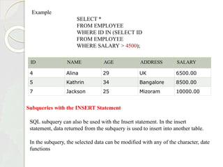 ID NAME AGE ADDRESS SALARY
4 Alina 29 UK 6500.00
5 Kathrin 34 Bangalore 8500.00
7 Jackson 25 Mizoram 10000.00
Example
SELECT *
FROM EMPLOYEE
WHERE ID IN (SELECT ID
FROM EMPLOYEE
WHERE SALARY > 4500);
Subqueries with the INSERT Statement
SQL subquery can also be used with the Insert statement. In the insert
statement, data returned from the subquery is used to insert into another table.
In the subquery, the selected data can be modified with any of the character, date
functions
 