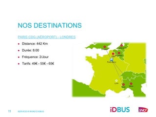 NOS DESTINATIONS
     PARIS CDG (AÉROPORT) - LONDRES

        Distance: 442 Km

        Durée: 8:00

        Fréquence: 2/Jour

        Tarifs: 49€ - 55€ - 65€




11   SERVICES À BORD D’IDBUS
 
